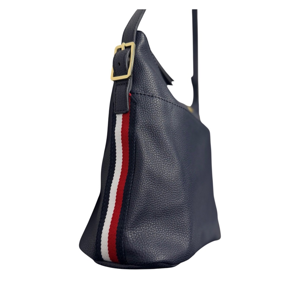 Tommy Hilfiger Navy Blue Pebbled Faux Leather Shoulder Bag Striped Trim Hobo - Picture 4 of 9